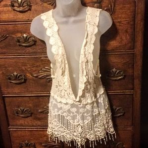 Anna Kaci Crocheted Lace Boho Retro Vest